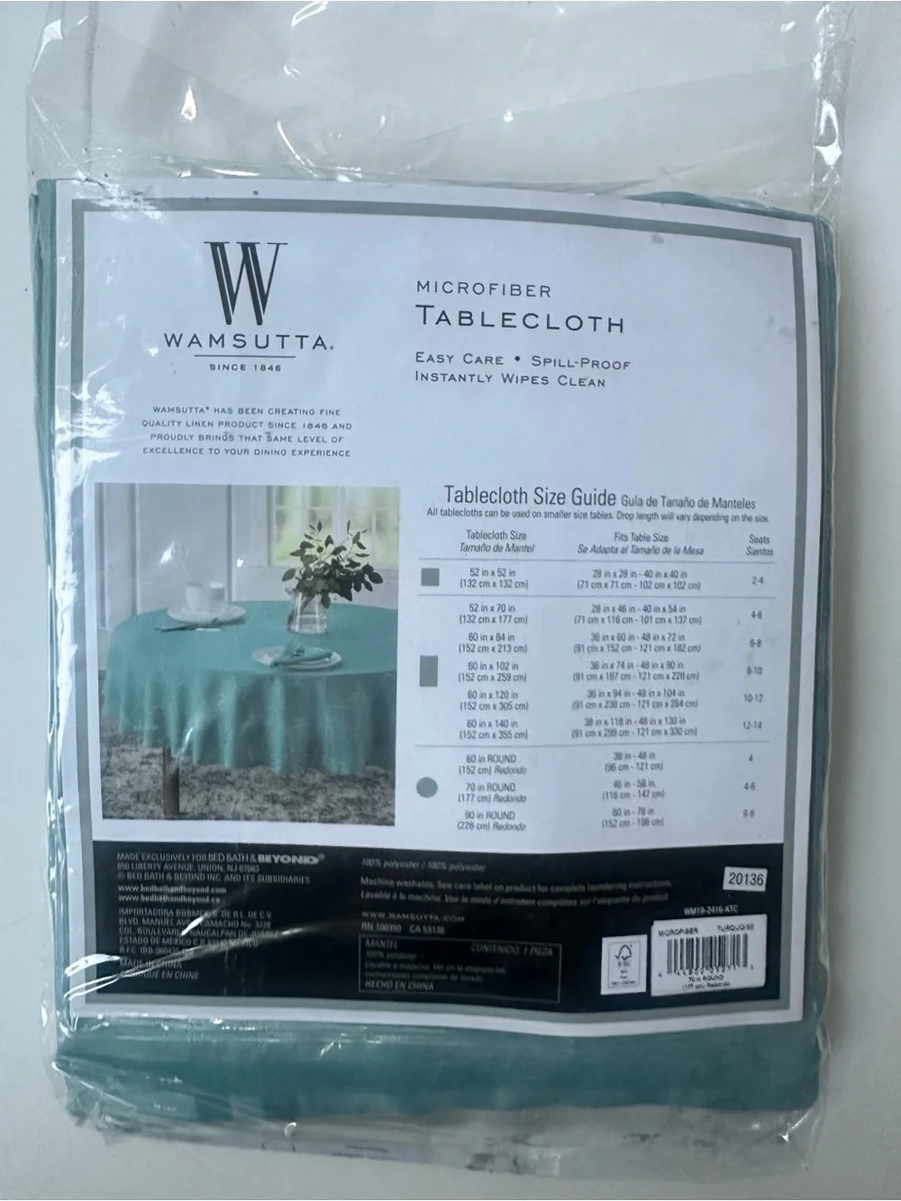 Wamsutta Microfiber Solid Round Tablecloth in Turquoise Spill Proof NWT